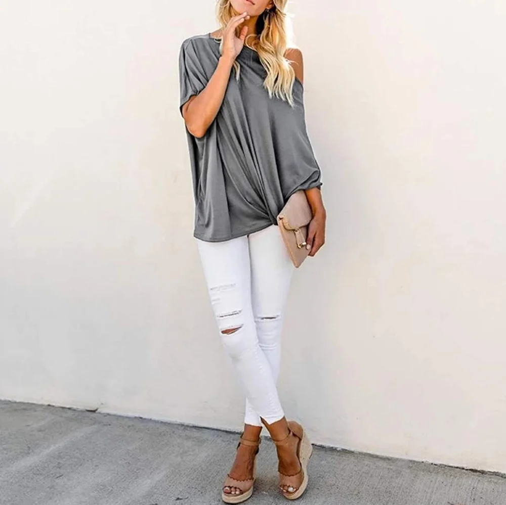 1 left! New Slouchy Off Shoulder Short Sleeve Tie Knot Blouse Top Shirt - Picture 5 of 9